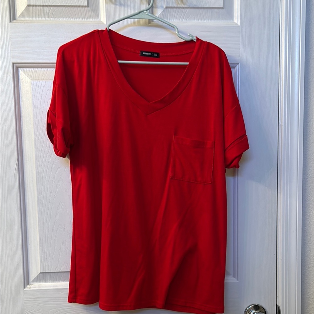 Red V-Neck T-Shirt with Pocket